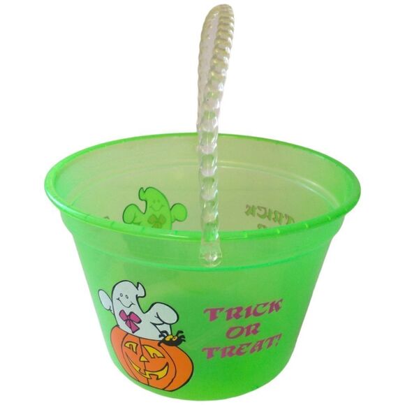 Vintage Halloween Bucket Pail Trick or Treat Ghost Translucent Neon Green 1990s. - Picture 8 of 16